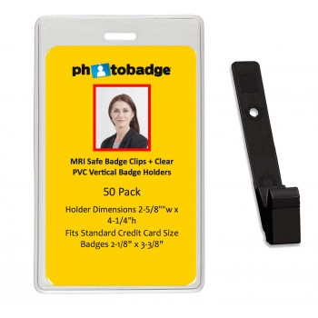 MRI Safe Clips and Vertical PVC Badge Holder- 50 pack